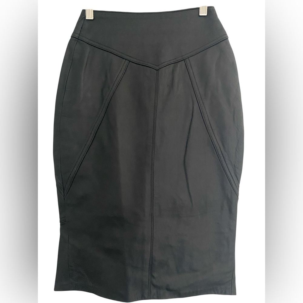 Vintage | Black Leather Designer Pencil Skirt Paneled Flattering Stitching